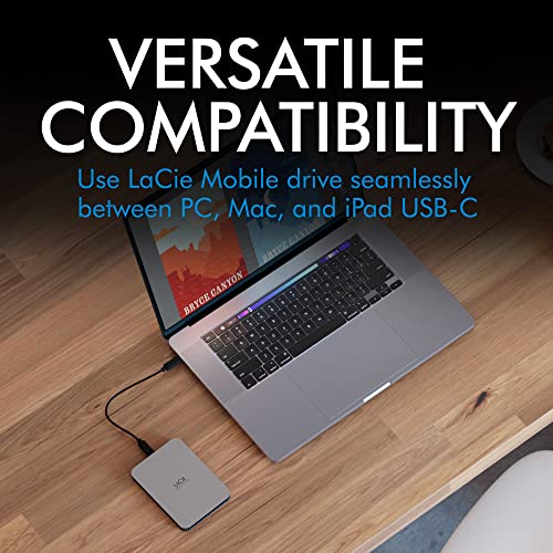 LaCie Mobile Drive 1TB External Hard Drive Portable HDD - Moon Silver, USB-C 3.2, for PC and Mac, Post-Consumer Recycled, with Adobe All Apps Plan and Rescue Services (STLP1000400)