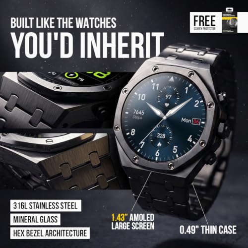 ALPHAGEAR Chief Smartwatch for Men, Premium Hex Bezel Metal Smart Watch, 1.43" AMOLED Display, 14-Day Battery, Bluetooth Calling, Stainless Steel, Water Resistant, for Android iPhone (Dark Gray)
