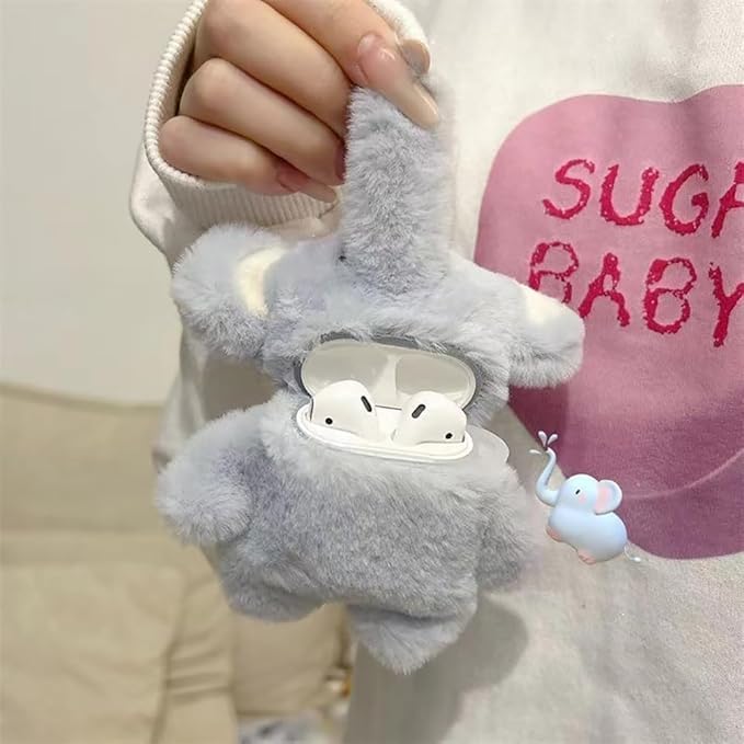 SGVAHY Furry Case for AirPods Pro 2nd/1st Generation Funny Cute 3D Cartoon Plush Design Blue Elephant Soft Warm Fluffy Cover for Airpods 2 Keychain Anti-Fall Protective Women Girls