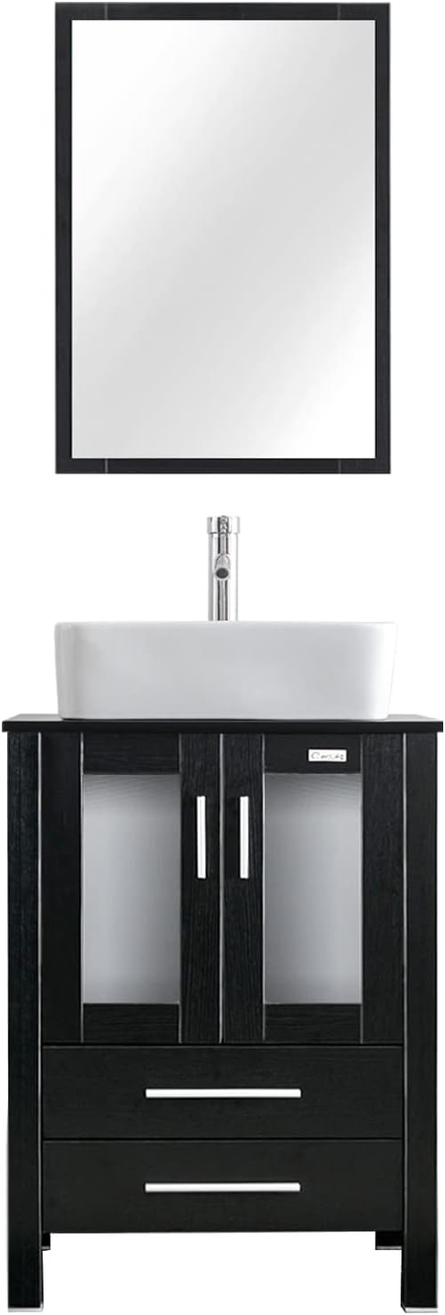 eclife 24" Modern Bathroom Vanity Sink Combo Freestanding Cabinet with Soft Closing Door, White Rectangle Ceramic Vessel Sink, Water Save Faucet, Drain (Black+T03)
