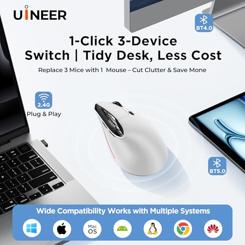 Uineer Ergonomic Wireless Vertical Mouse, 3-Mode Bluetooth 5.0/4.0 & 2.4GHz