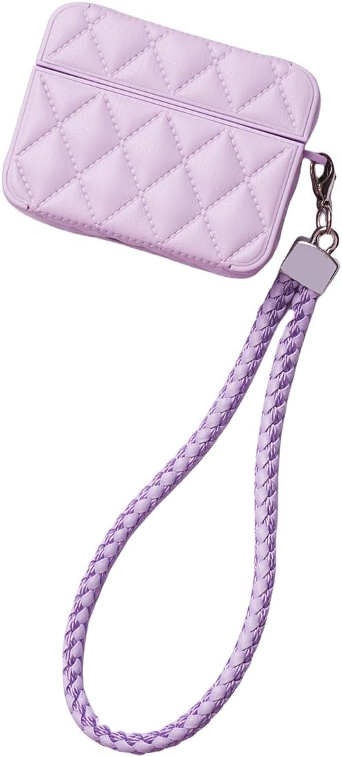 Earphone Case for AirPods 1/2, Elegant Classical Diamond PU Leather Surface Earphone Case Soft Silicone Case, AirPods 1/2 Cover Protective Case Skin Protector for Earbuds +Lanyard-Purple
