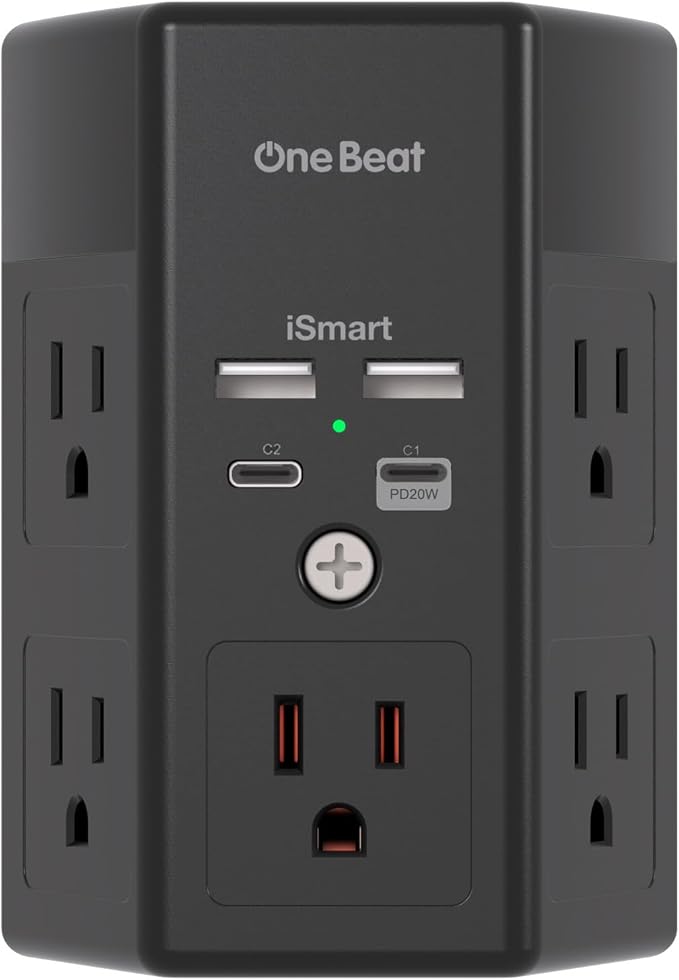 Multi Plug Outlet, Surge Protector, 5 Outlet Extender with 4 USB Ports (2 USBC), PD 20W USB Wall Charger, 3-Sided 1800J Power Strip Outlets Splitter Wall Plug Adapter Spaced for Home Office, Black