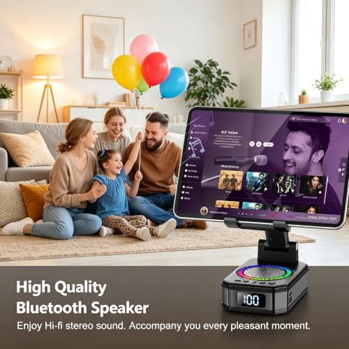 Gifts for Men Women, Cell Phone Stand with Wireless Bluetooth Speaker and Colorful LED Lights, 4-in-1 Multifunctional Phone Holder Support Fast Charging, Adjustable Desktop Stand, Best Gifts