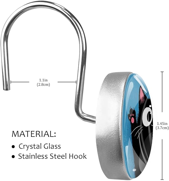 12 Packs Black Happy Cat Shower Curtain Hooks, Stainless Steel Glass Shower Curtain Rings for Bathroom, Rustproof Metal Curtain Rod Hooks