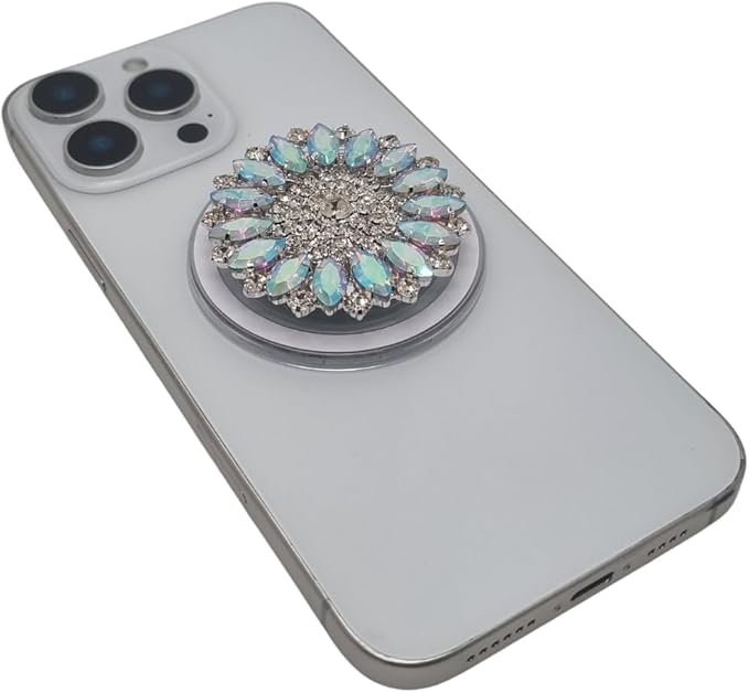 Magnetic Phone Grip Stand, Compatible with MagSafe, Adhesive Metal Ring Included for Non-MagSafe Cases, Expanding Holder and Kickstand, Pearl and Crystal Design (Iridescent Aurora Sunburst)