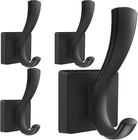 Black Hooks for Wall Towel Hooks, Heavy Duty Thick Aluminum Alloy Entryway Coat Hooks for Hanging Key Robe Hat Backpack, Wall Mount Towel Hooks Bath Kitchen Garage Hooks(4 Pack, Black)