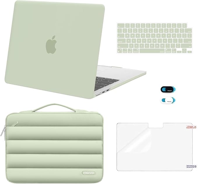 MOSISO Compatible with MacBook Air 13 inch Case M5 2026 M4 2025 M3 M2 2024-2022 A3449 A3240 A3113 A2681, Hard Case&Puffy Bag&Keyboard Cover&Webcam Cover&ScreenFilm for MacBook Air 13.6, Sage Green