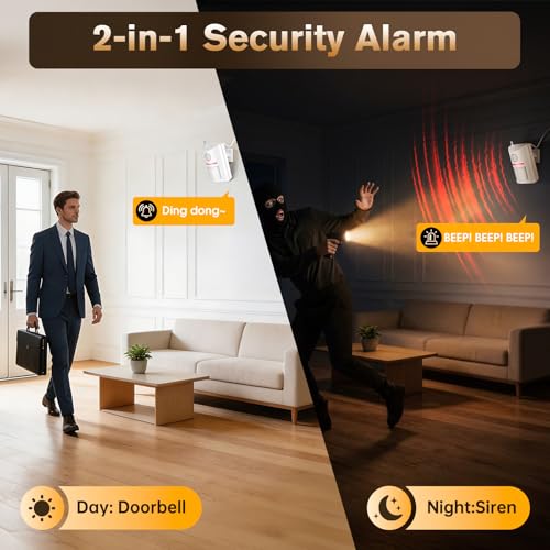 Wireless Motion Sensor Alarm & Doorbell Chime - AC Plug-in Security Alert with Remote - 90dB Infrared Detector for Business, Office & Garage (1 Motion Alarm + 1 Remote)