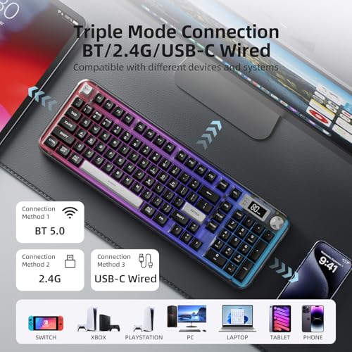 AUSDOM K98pro Wireless Silent Creamy Keyboard, Tri-Mode BT/2.4G/USB-C Computer Keyboard with Number Pad, RGB Backlit Media Knob Keyboard - Image 6