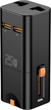 Universal Travel Adapter, 25W GaN, 2 USB-C, US/UK/EU/AU Plug
