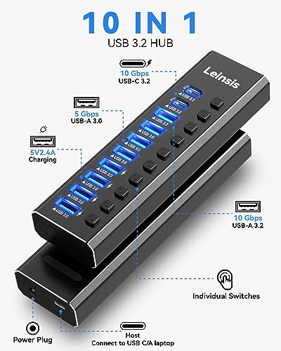 Powered USB Hub 3.2, LEINSIS 10-Port USB 3.2/USB C Hub (10Gbps USB-A 3.2 +2 USB-C 3.2 +7 USB 3.0 Ports) with Individual On/Off Switches and 12V Power Adapter, Aluminum USB Hub Powe - Image 3
