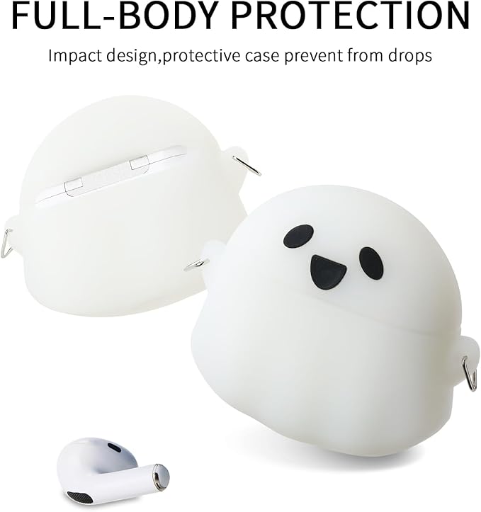Maxjoy for Airpods 3rd Generation Case, Cute Luminous Ghost Case for AirPods 3, Unique Design Funny Kawaii 3D Cartoon Characters Silicone AirPods 3 Case with Cleaner kit, White Ghost