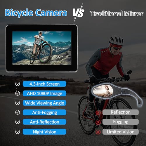 Handlebar Bike Camera Mirror, with 4.3'' Monitor 1080P 110° Wide Angle 360° Adjustable Bracket Rechargeable Rear View Camera, Bicycle Rear View Camera