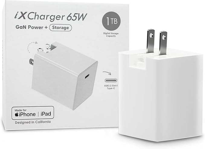 USB-C Charger Flash Drive: 1TB Apple MFi Certified for iPhone, iPad, Android, Laptop, MacBook, Backup Storage, 65W Fast Charging, External Memory, PD Power Adapter, iXCharger
