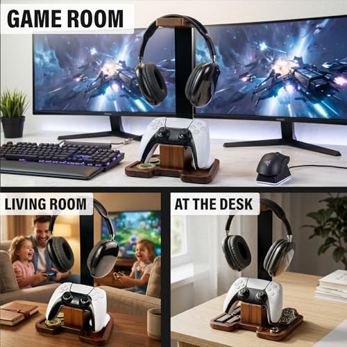 Gaming Equipment Headset Stand with Game Controller Holder & Storage Base, Stylish Gamer Gifts for Men Teenage Boy Headphone Stand, Unique Gifts for Gamers to Organize Gaming Accessories (Brown Wood) - Image 3