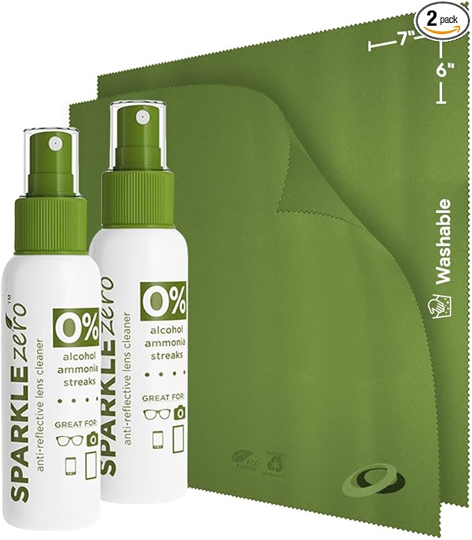 Sparkle Anti-Reflective Eco Friendly Lens Cleaner Spray Kit | (2x) 2oz Glasses Cleaner Bottle + (2x) Microfiber Cloth for Eyeglasses, Lenses, Screens and Sunglasses Cleaning Kit (4 Piece Set)