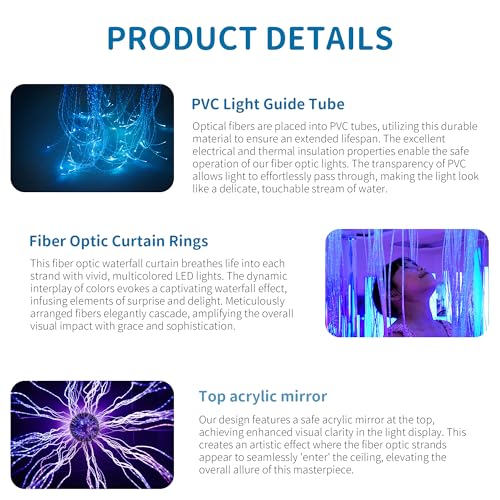 Round Fiber Optic Curtain Rings with Wooden Base, Multi-Color Changing Waterfall Lamp Perfect for Home Decor, School, Clinic and Dark Sensory Room - Ideal for Kids