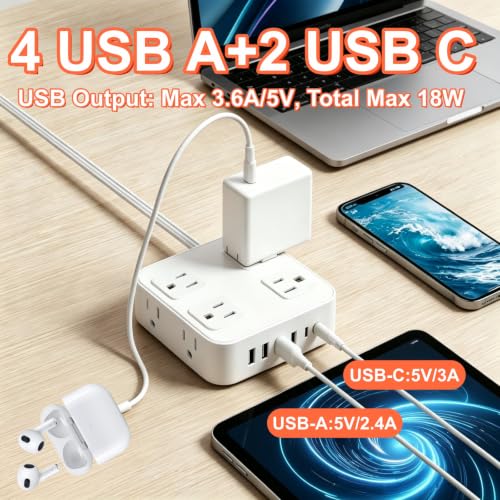 Power Strip with Surge Protector, 3 Side, 8 AC 6 USB Ports Flat Plug Switch