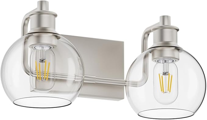 Tipace 2 Lights Modern Bathroom Vanity Light Fixtures Over Mirror Brushed Nickel Industrial Vanity Lights with Globe Clear Glass Farmhouse Wall Sconces Fixture(Exclude Bulb)