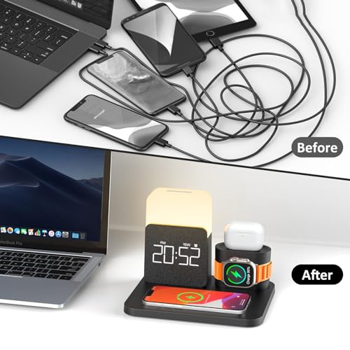7 in 1 Charging Station for iPhone, Wireless Charging Station, Alarm Clock, Night Light, Wireless Charger for iPhone 17 16 15 14 13 12 Pro Max & Apple Watch - Charging Stand Dock for AirPods(Black)