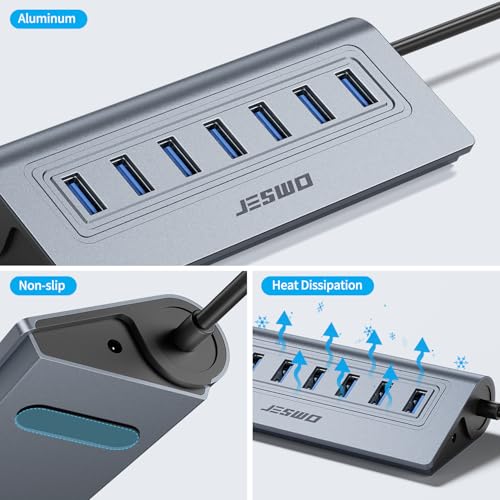 Powered USB Hub, JESWO 7-Port USB 3.0 Hub, Aluminum USB Data Hub with 3.3ft Cable, USB Hub 3.0 Powered with 5V/4A Power Adapter for MacBook, Notebook PC, USB-Flash Drives, Mobile HDD and More (Grey)