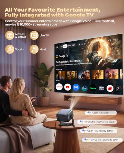 Smart 4K Support Projector [Google TV 14.0 & 360° Stand] with WiFi 6, Bluetooth 5.4, HDR10, 30W Hi-Fi, AI Auto Focus, Outdoor Portable Short Throw Movie Projector for Home Theater Bedroom Ceiling