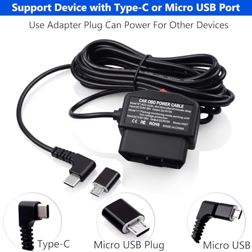 Dash Cam OBD Hardwire Kit Dash Camera USB Type C Hardwire Kit with OBD Power Cable for 12-24V to 5V/3A with Low Voltage Protection 24h Parking Surveillance/Acc Mode for Dashcam, GPS or Radar