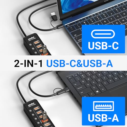 Powered USB Hub 3.2, atolla 8-Port USB 3.2/USB C Hub, Powered USB C Hub with 7 USB-A 10Gbps ports +1 Smart Charging port, Individual On/Off Switches, LEDs, 20W Power Adapter for PC - Image 6