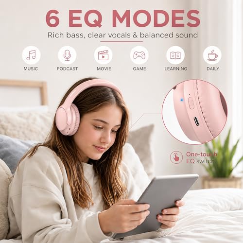 MIDOLA Bluetooth Headphones Over Ear 68H Playtime 6 EQ Wireless Headset with Microphone HiFi Stereo Foldable Lightweight Deep Bass for Travel Home Office Cellphone Pink