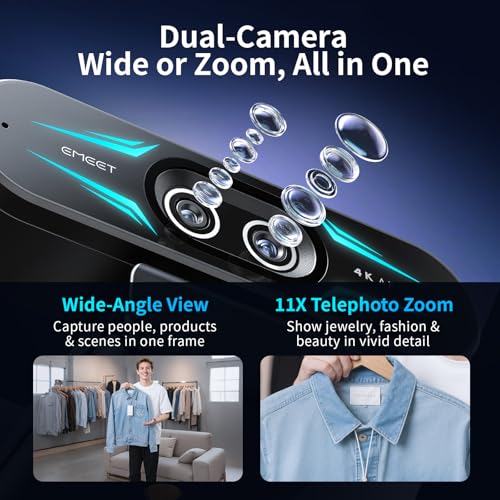 EMEET C60E Dual-Camera 4K Webcam for Streaming, Wide-Angle & Telephoto