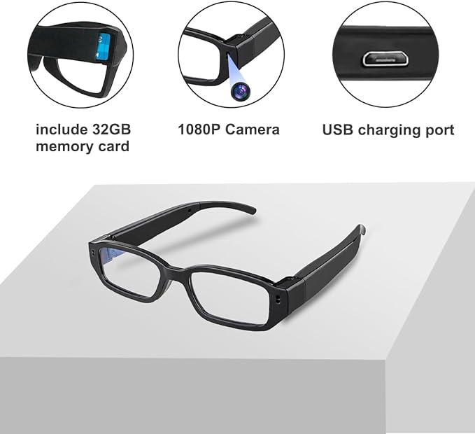 Smart Glasses with Camera, Video Recording and Photo Taking, Recording Glasses 1080P HD 32GB Memory Card Video Camera Glasses for Men Women Cycling Hiking Travel, No Bluetooth NO WiFi No App