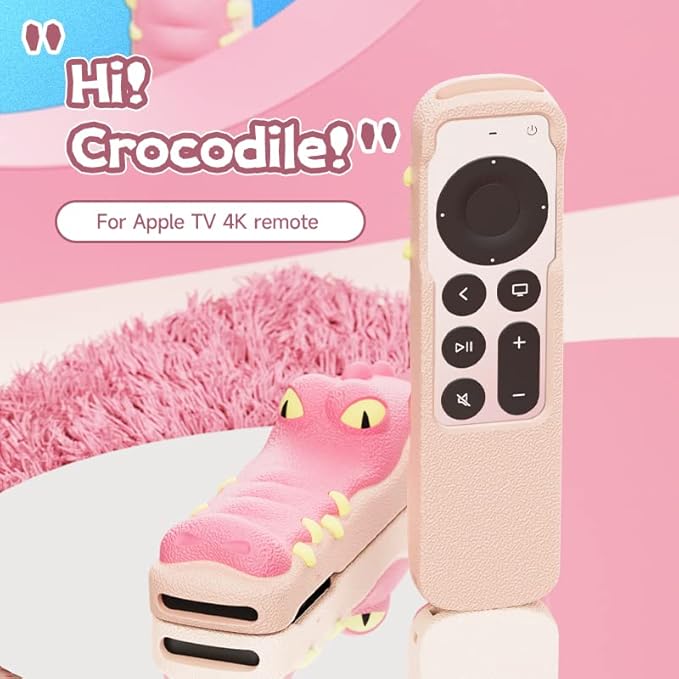SIKAI CASE Silicone Case Fit Designed for Apple TV 4K 2021/2022 Siri Remote Protective Case with Shockproof Compatible with AirTag, Anti-Lost with Lanyard(Pink Gator)