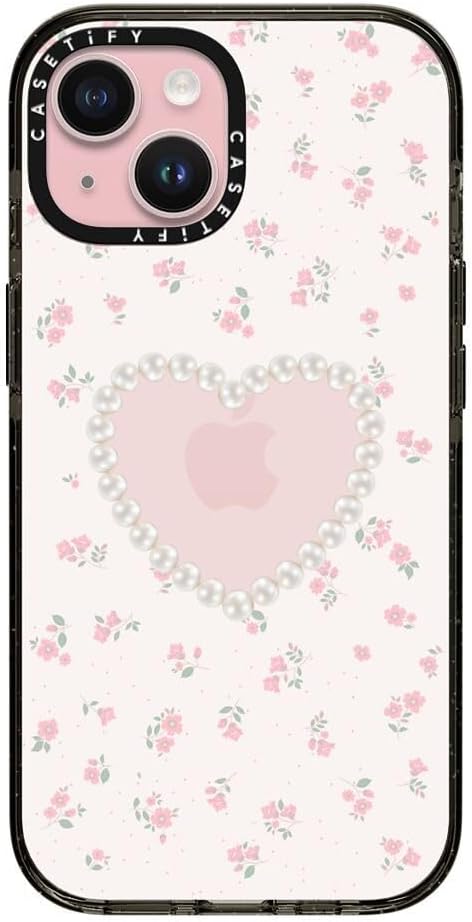 CASETiFY Impact Case for iPhone 15 [Slim / 8.2 ft. 4X Military Grade Drop Protection/Wireless Charging Compatible] - Pearly Heart - Clear Black
