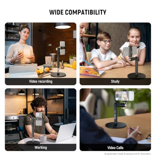 NEEWER Cell Phone Stand for Desk, Adjustable Office Table Phone Holder Mount Compatible with iPhone Samsung for Video Recording Filming, 360° Ball Head, Foldable Arm, Weighted Metal Base, MT010