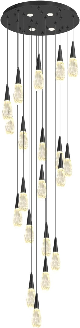 20 Lights Large Chandelie for High Ceiling Black Pendant Light Fixture with Dimmable Big Crystal Chandelier for Staircase Foyer Villa