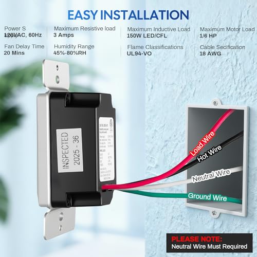Humidity Sensor Switch for Bathroom Fan with Wall Plate, Automatic On/Off Control, Single Pole, 120VAC 60Hz, 20-Min Delay Timer, Quiet Energy-Saving Moisture Sensor Switch for Laundry ETL Certified