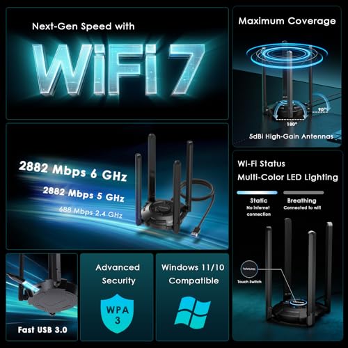 WAVLINK BE6500 USB WiFi 7 Adapter for Desktop PC, Tri-Band PC WiFi Adapter