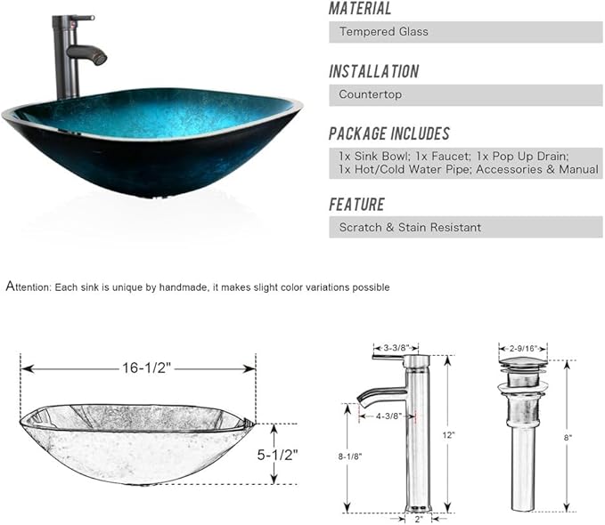 eclife 48" Modern Bathroom Vanity Sink Combo Freestanding Cabinet with Small Side Cabinet, Turquoise Square Glass Vessel Sink, Water Save Faucet, Drain (White+A10)