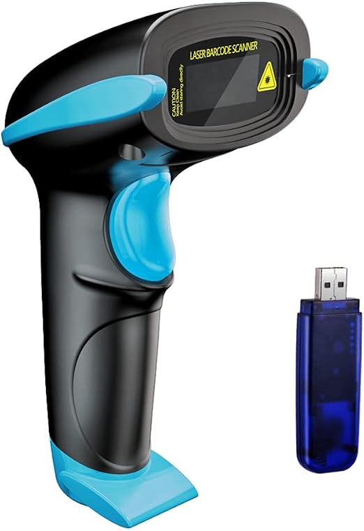 NADAMOO Wireless Barcode Scanner 328 Feet Transmission Distance USB Cordless 1D Laser Automatic Barcode Reader Handhold Bar Code Scanner with USB Receiver for Store, Supermarket, Warehouse - Blue
