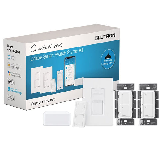 Lutron Caseta Deluxe Smart Switch Kit; 2 Switches, Hub, Remote, Wallplate