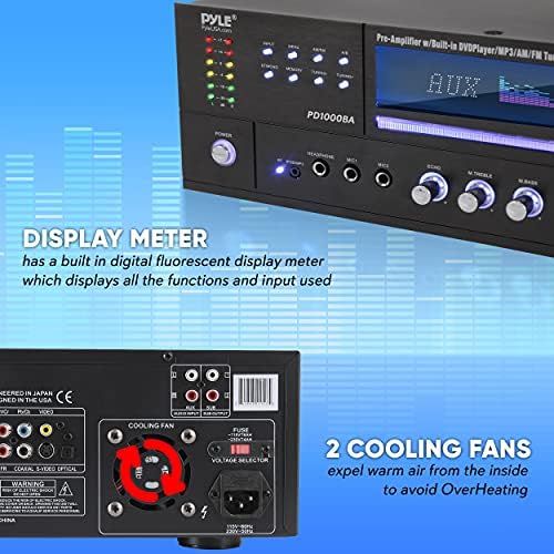 Pyle 4-Channel Wireless Bluetooth Power Amplifier - 1000W Stereo Speaker Home Audio Receiver w/FM Radio, USB, Headphone, 2 Mic w/Echo, Front Loading CD DVD Player, LED, Rack Mount - Pyle PD1000BA.5