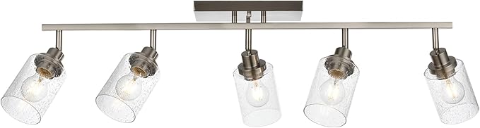 5-Light Brushed Nickel Kitchen Track Lighting Fixtures Ceiling Mount Track Lighting Kit with Bubble Seeded Glass Shade Modern Bathroom Tracking Vanity Lights Ceiling Tracking Accent Shop Light
