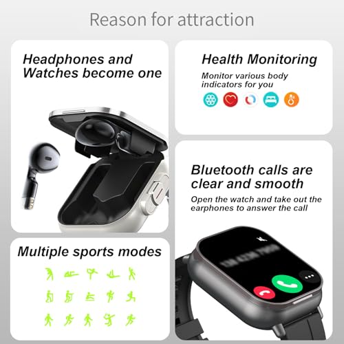 Smart Watch with Earbuds, 2.01" HD Screen Fitness Watch, 2 in 1 Smartwatch with 100+ Sport Modes Fitness Tracker, Sleep/Heart Rate/Monitor Pedometer for iOS & Android, Black