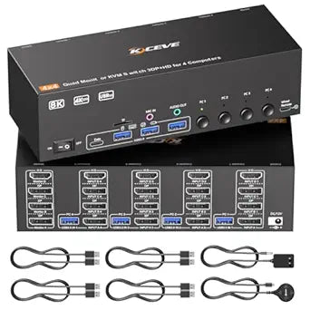 KVM Switch 4 Monitors 4 Computers HDMI + DisplayPort, KCEVE DP KVM Switcher with Audio Jack, 8K@30Hz/4k@144Hz for 4 PC Share 4 Display and 4 USB 3.0 Devices