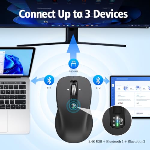 CITLLA Wireless Bluetooth Mouse (USB + BT1 + BT2), Full Size Mouse, 4-Way Scrolling, Multi-Device Silent for Computer, Laptop, iPad, MacBook (Grey) - Image 4
