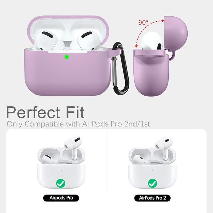 Lerobo Compatible with AirPods Pro Case 2019,Shock-Proof Silicone Skin Full Protective Cover for Airpods Pro 2,Supports Wireless Charging with Durable Carabiner Front LED Visible,Lavender