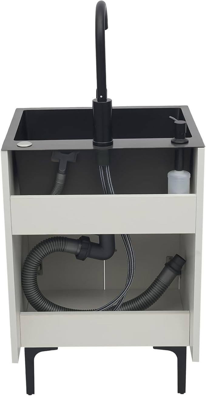 20-Inch Laundry Sink with Cabinet & 360° Swivel Hot/Cold Faucet, Freestanding Kitchen Sink Cabinet with Stainless Steel Sink & Drain Basket, White Cabinet with Sink for Laundry&Utility Room