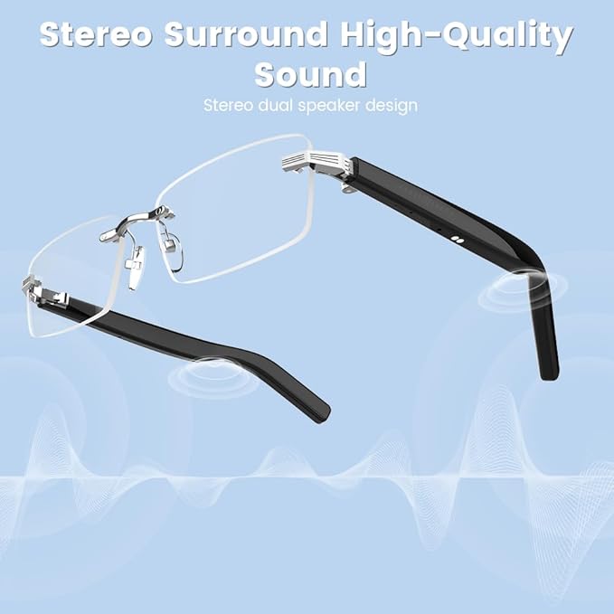 Smart Glasses Rimless Smartglasses with Bluetooth Speaker,Remote Control Photo Taking/UV Protection Voice Control (Photochromic Lenses)