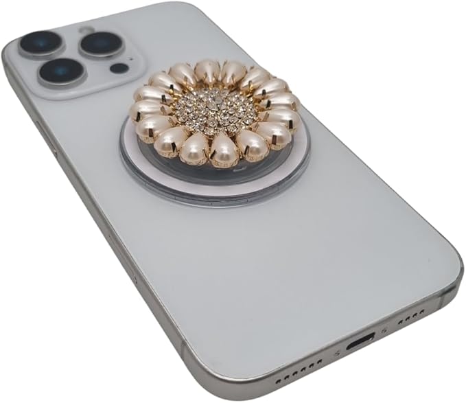 Magnetic Phone Grip Stand, Compatible with MagSafe, Adhesive Metal Ring Included for Non-MagSafe Cases, Expanding Holder and Kickstand, Pearl and Crystal Design (Golden Pearl Sunflower)